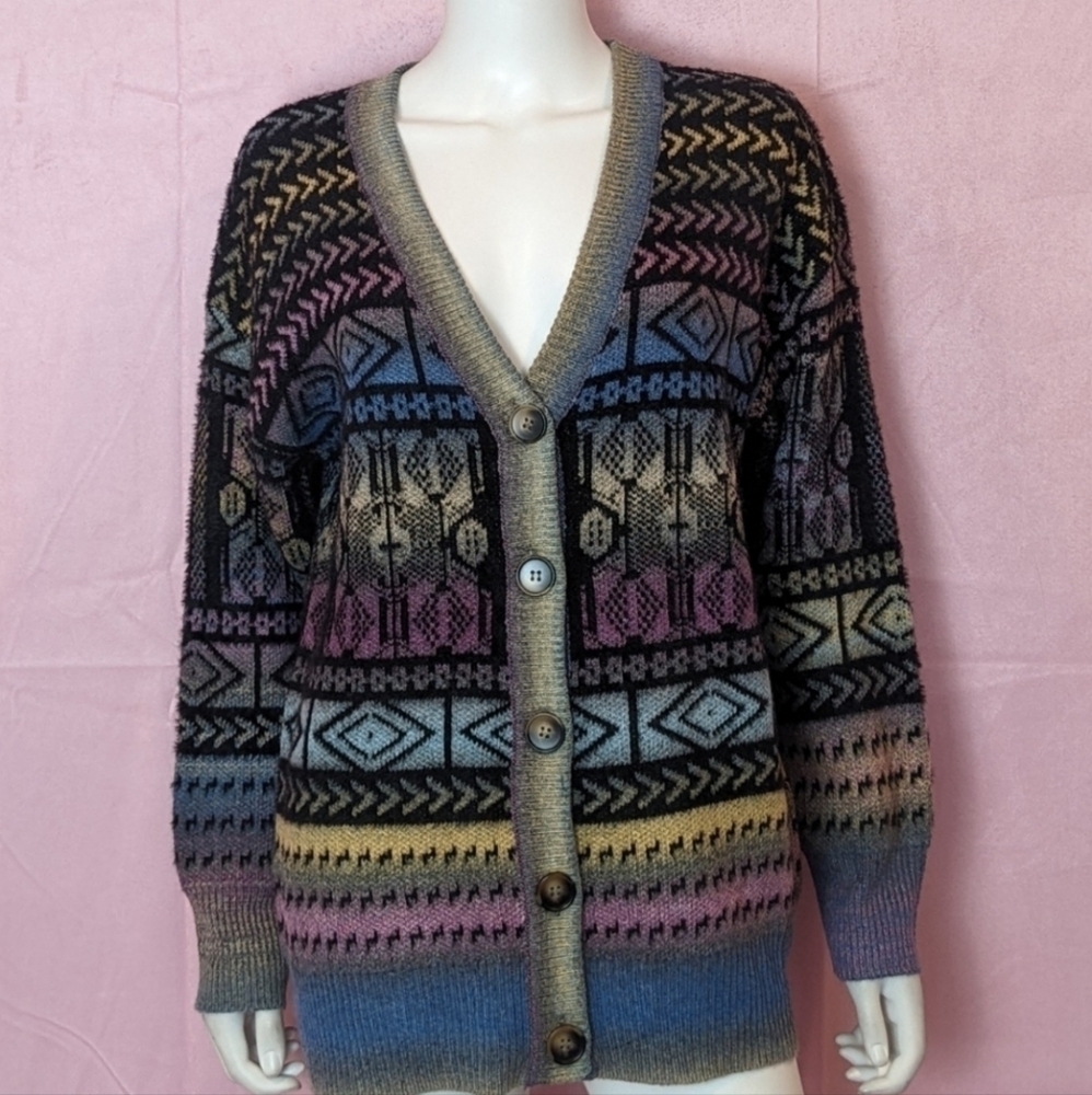 Paris Hues Patterned Multicolor V Neck Cardigan Sweater size XL